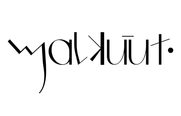 malkuut brand word logo made from black text containing phoenician letters.